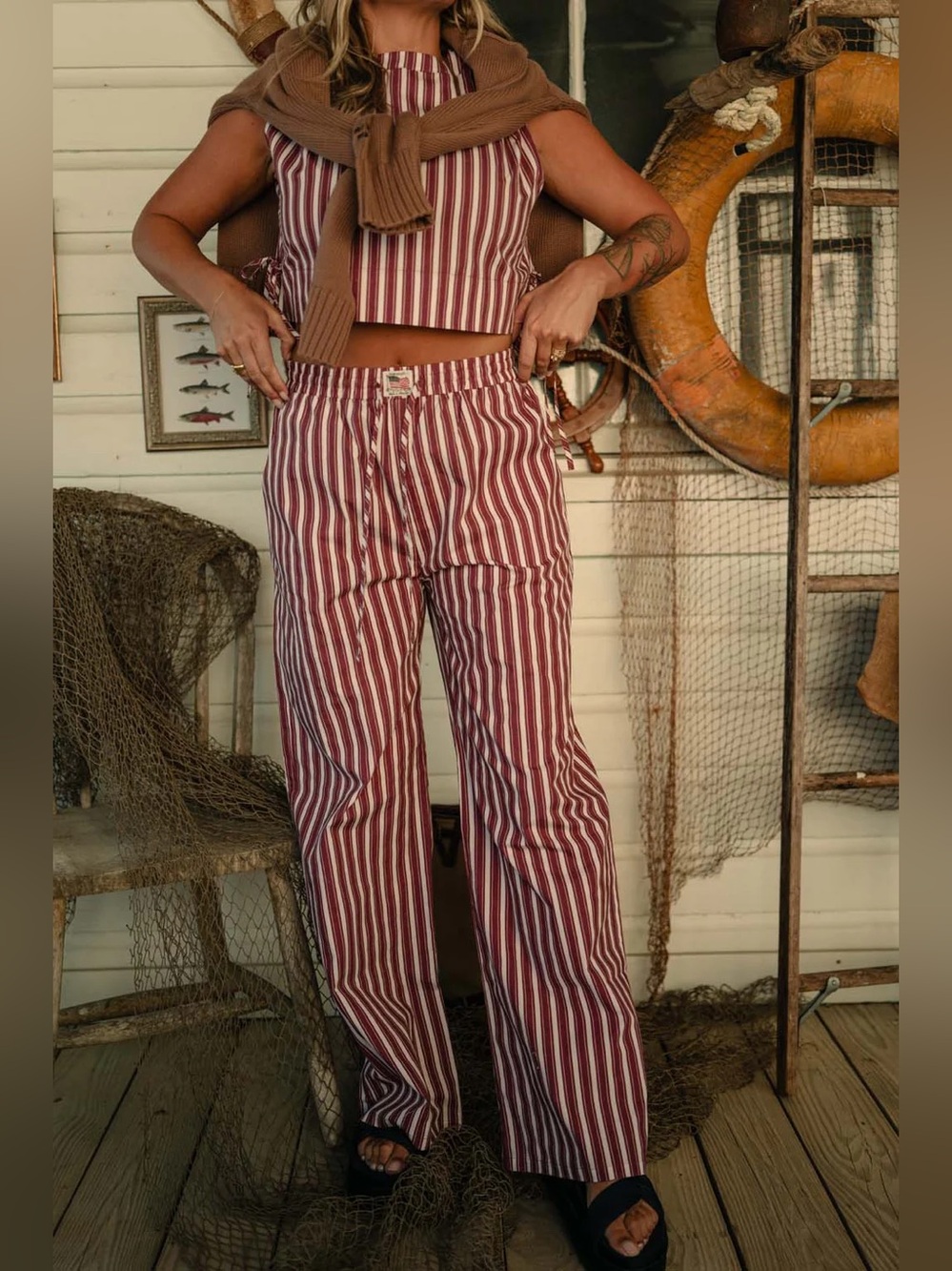 Tribe Kelley Grayton Striped Crop Top & Wide Leg Pants Set in Vintage Red Sz XS - Picture 5 of 9